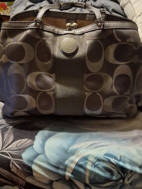 Coach Silver Signature Canvas Tote with Leather Trim